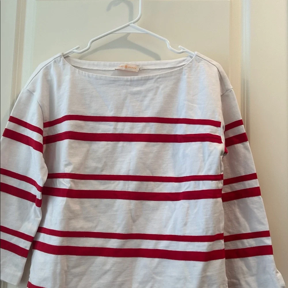 Tory Burch White & Red ribbon Striped “Kendall” boat neck 3/4 sleeves top size M
